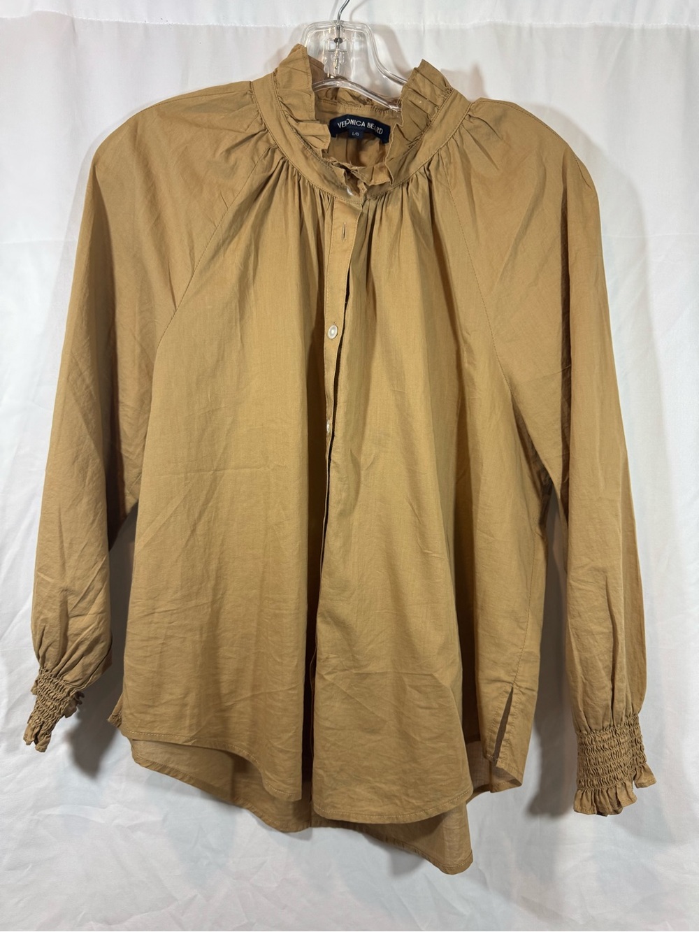 Veronica Beard Tan Ruffle-Neck Button Front women’s Shirt L